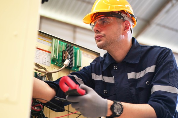 Electrician inspecting an electrical panel